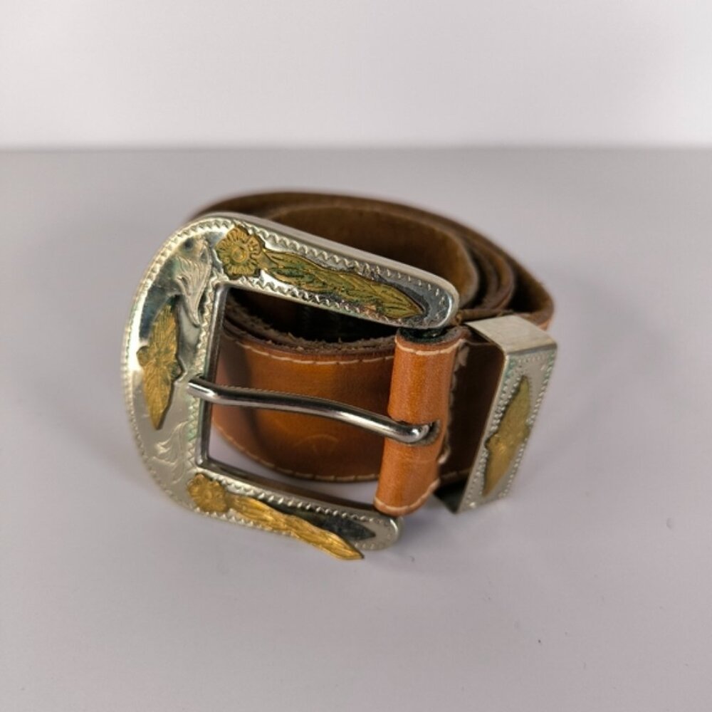 Vintage Brown Leather Belt with Silver and Gold Buckle